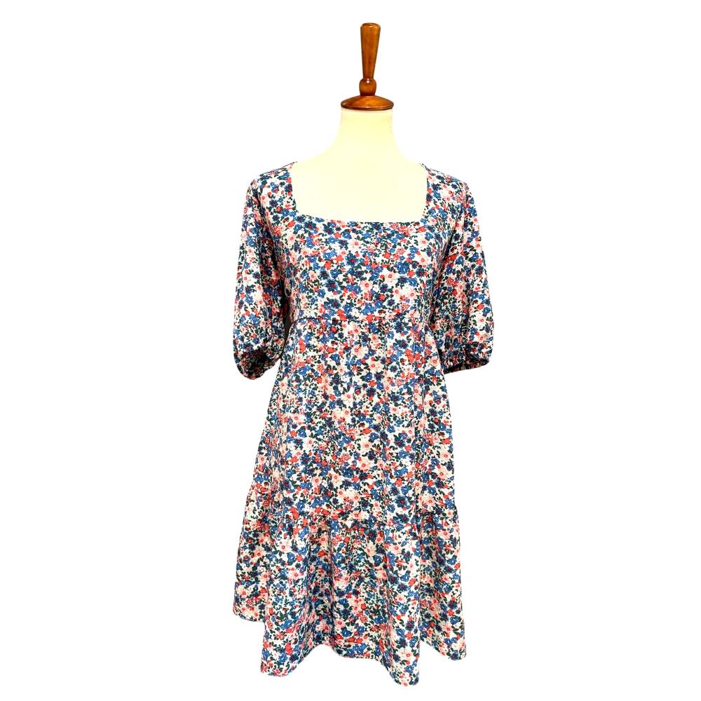 Cottagecore Floral Mini Dress Puff Sleeve Square Neck Blue Pink Barbie, Size XL